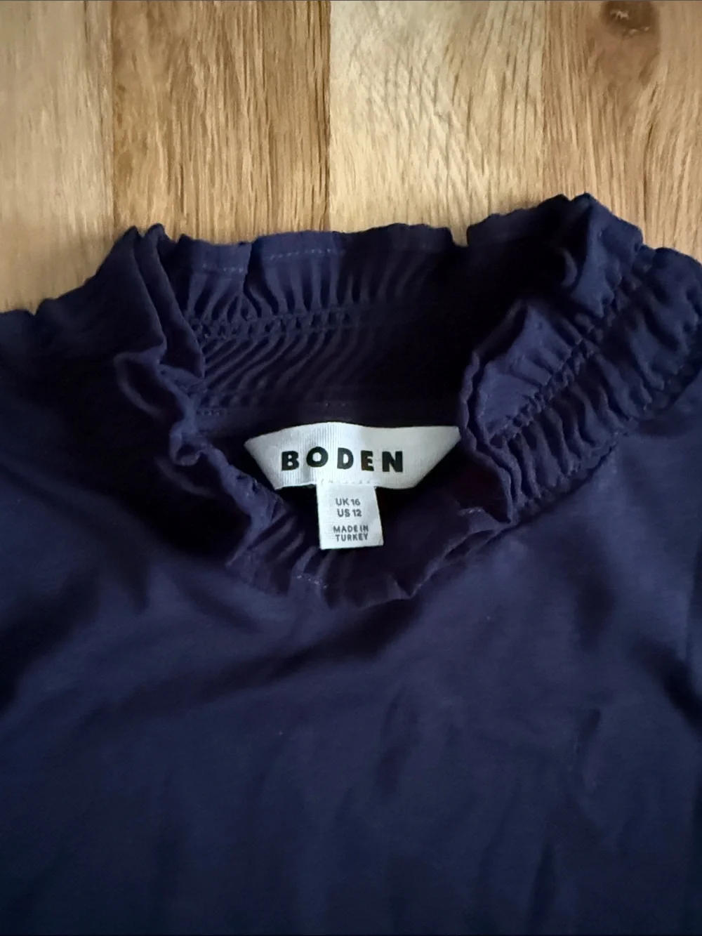 Boden Navy Long-Sleeve Ruffle Mock Neck Shirt